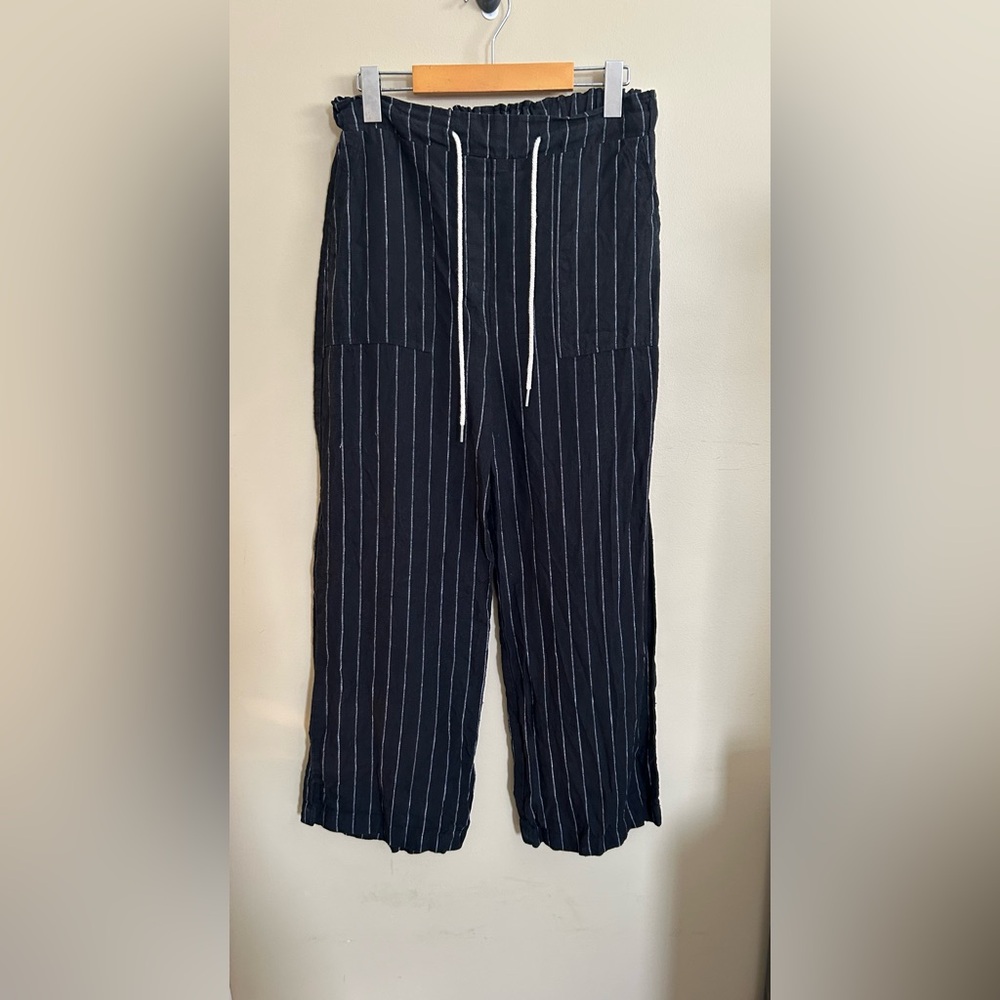 Mod Ref Black Linen Striped Cropped Wide Leg Pants